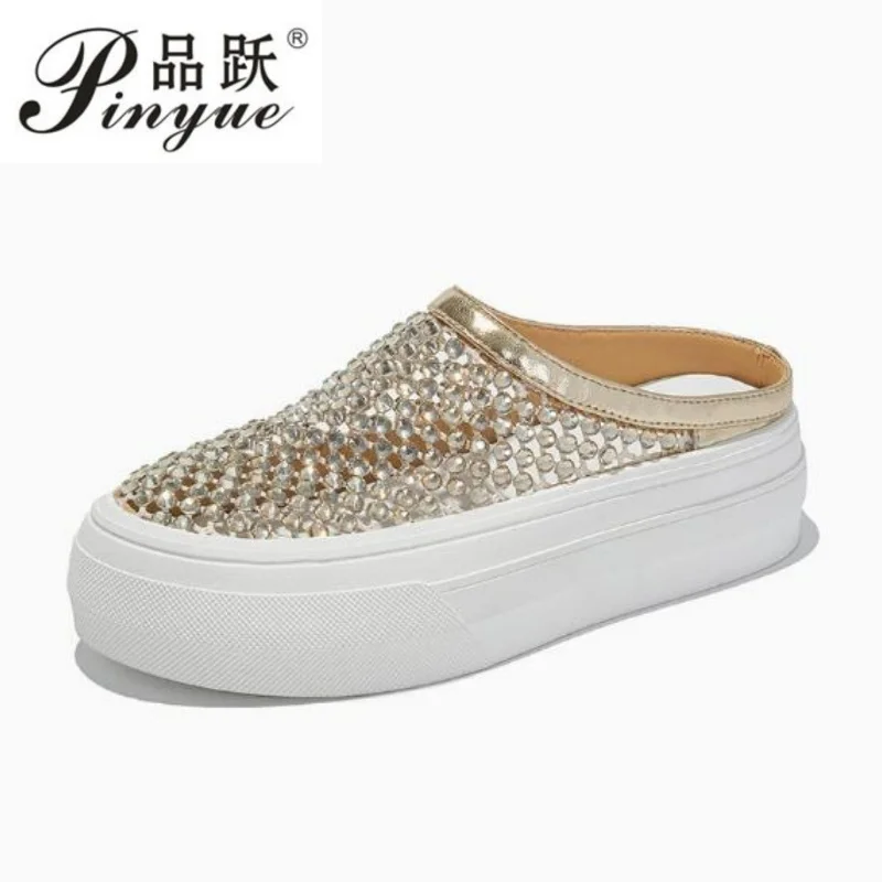 

New Summer Baotou Flat Shoes Women's Fashion Round Toe Shallow Mouth Rhinestone Mesh Breathable Platform Sandals and Slippers