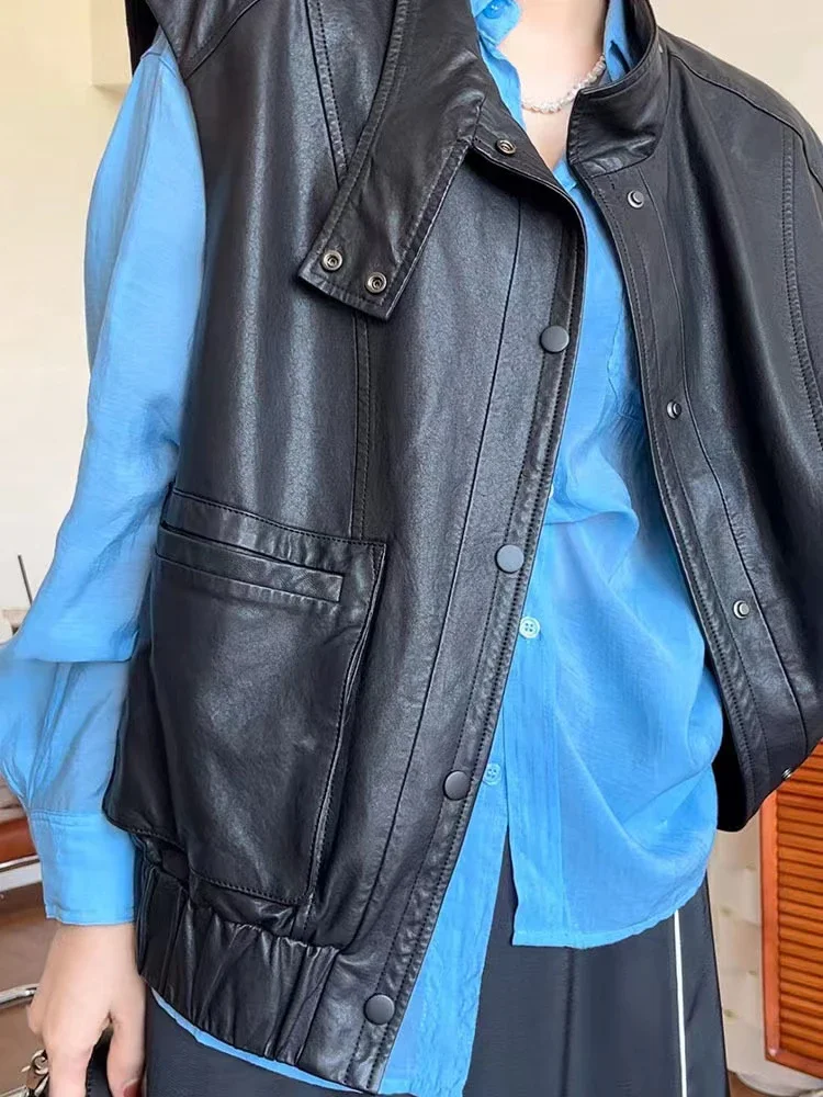 

Casual Leather Sleeveless Jacket Big Pocket Vest for Women Soft Sheepskin Standing Collar White Loose Outerwear Colete Feminino
