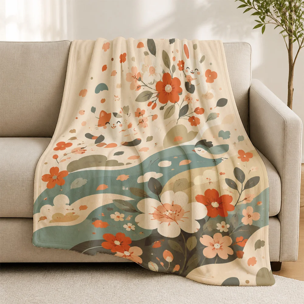 Boho Watercolor Floral Print Throw Blanket for Sofa Bed Cozy Living Room Decor Chunky Decorative Knit Fleece Plush Home Gift