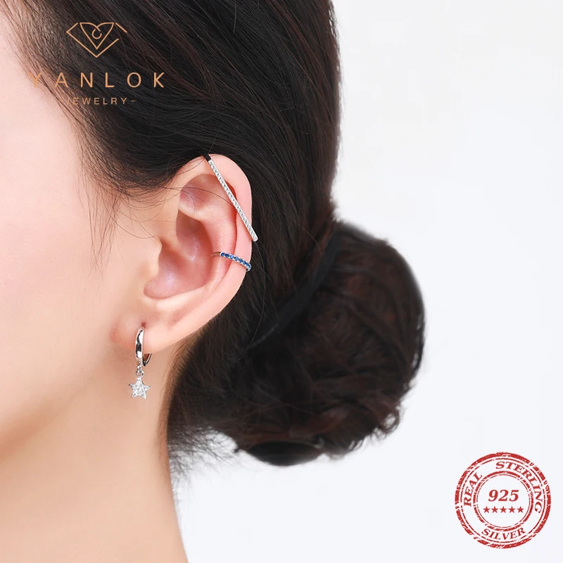 

YANLOK Trendy Rainbow Clear CZ C-Shape Rectangle Star 925 Sterling Silver Clips Earring for Women Single Earring Cool Jewelry
