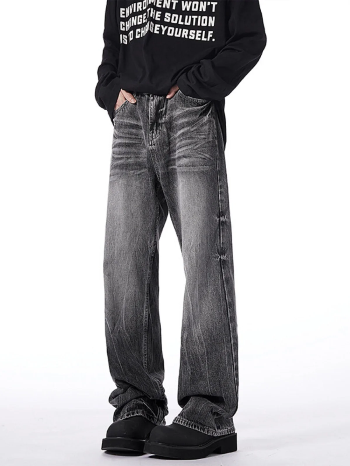 

Мужские джинсы Slim Straight черного цвета с эффектом потертости, брюки Cleanfit в американском стиле High Street, слегка расклешенные, молодежная мода