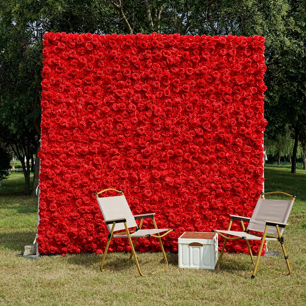 

Luxury New Design 5d Roll Up Artificial Silk Wedding Red Flower Wall For Baby Shower Background Decor