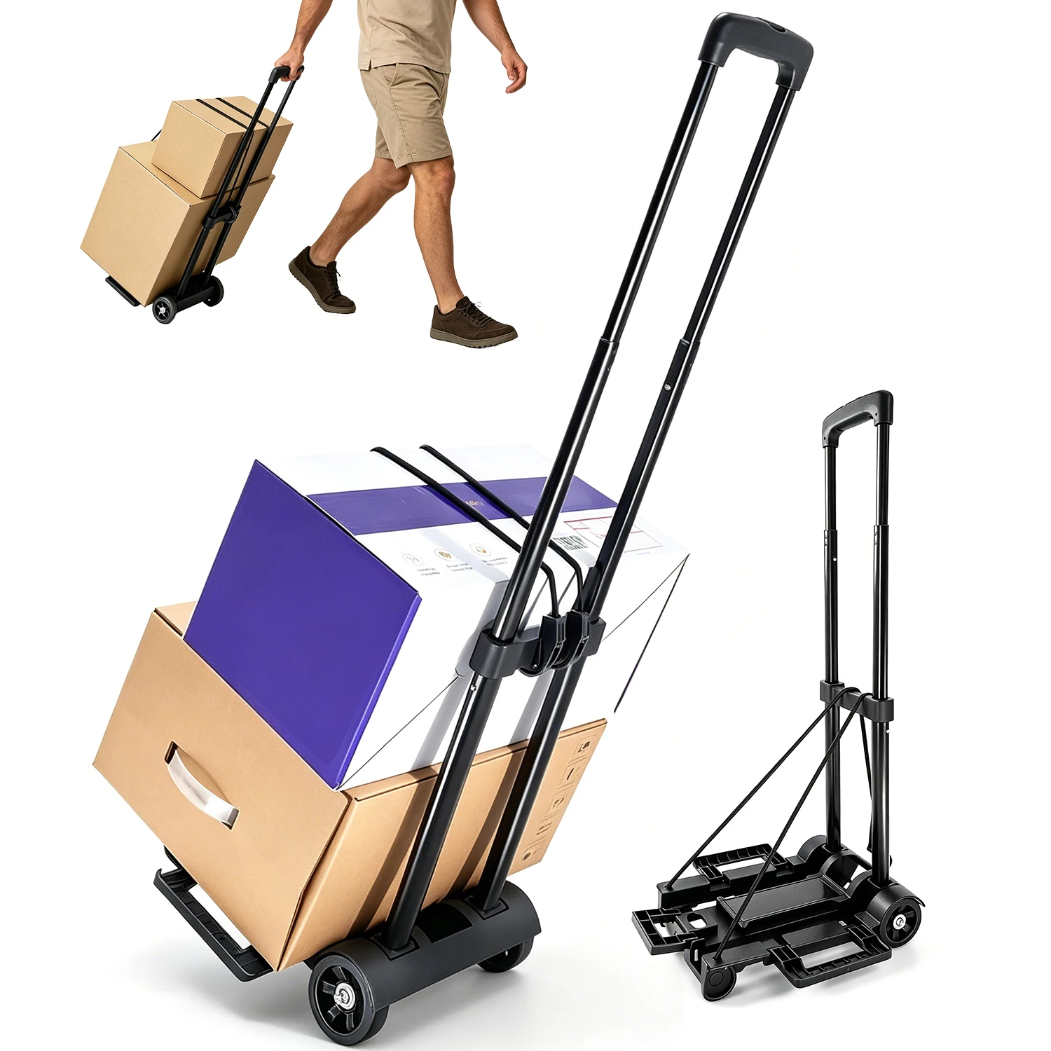 Chariot à main pliable avec base extensible, 2 cordes élastiques, roues en caoutchouc pour le transport de bagages, outils de jardinage
