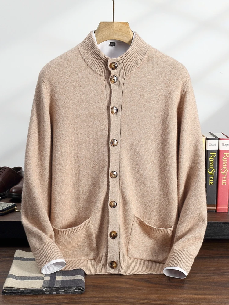 Autumn Winter New 100% Pure Cashmere Thick Coat Men's Knitted Half High Collar cardigan Casual Business Long Sleeved Warm Shirt