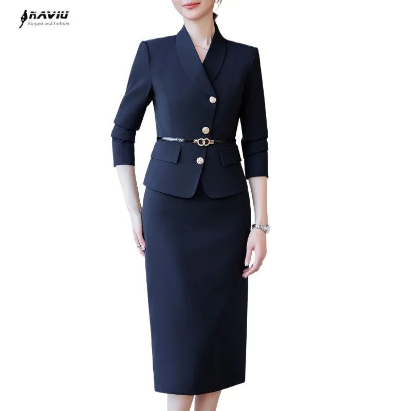 NAVIU Set da 2 pezzi Solid Women primavera 2024 nuovo Blazer con collo a scialle a maniche lunghe elegante Set di gonna sottile da donna da ufficio