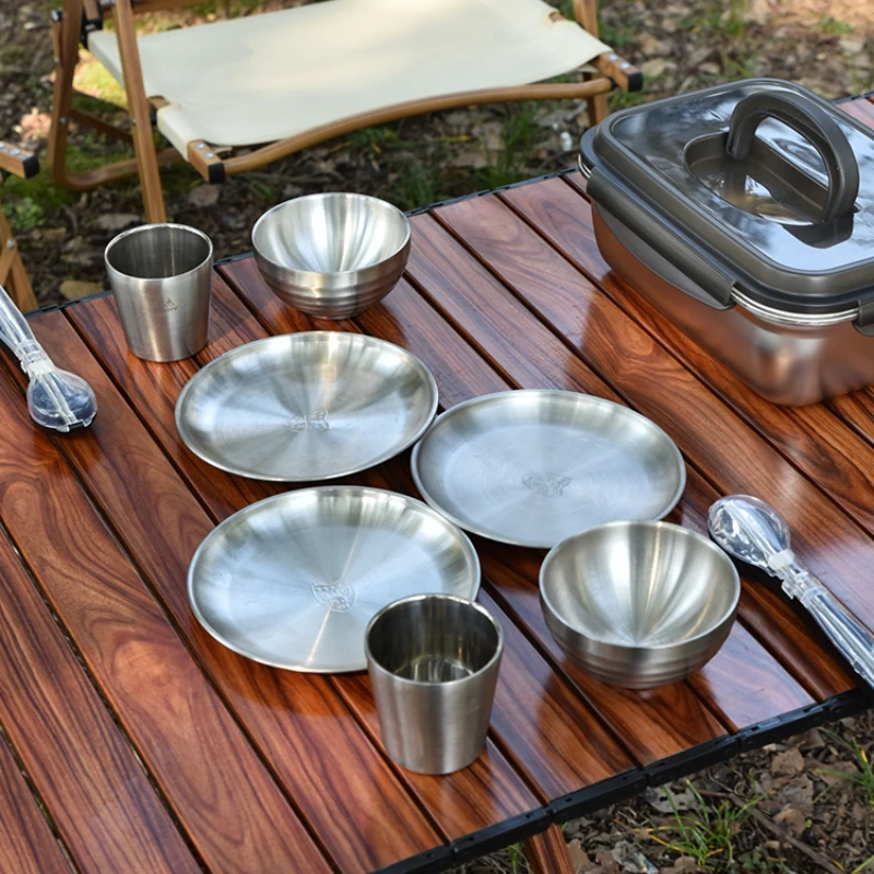 Outdoor Double Tableware Portable Set Camping Supplies Equipment Picnic Bowls, Plates Cups Chopstick and Spoon Stainless Steel