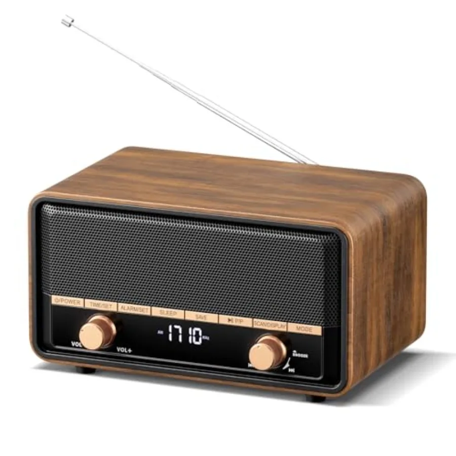 

Vintage Wooden AM FM Radio with Bluetooth, Digital Clock Radio for Bedroom with 80 Station Presets, Tap to Snooze, Sleep Timer,