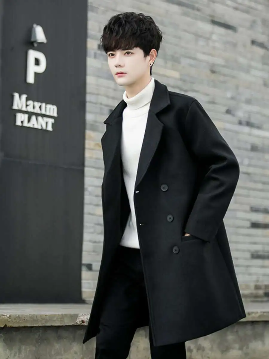 

Thiened шерстяное мужское пальто средней длины до колена с воротником-костюмом, двухрядное пальто на пуговицах, осеннее модное молодежное кино продаж