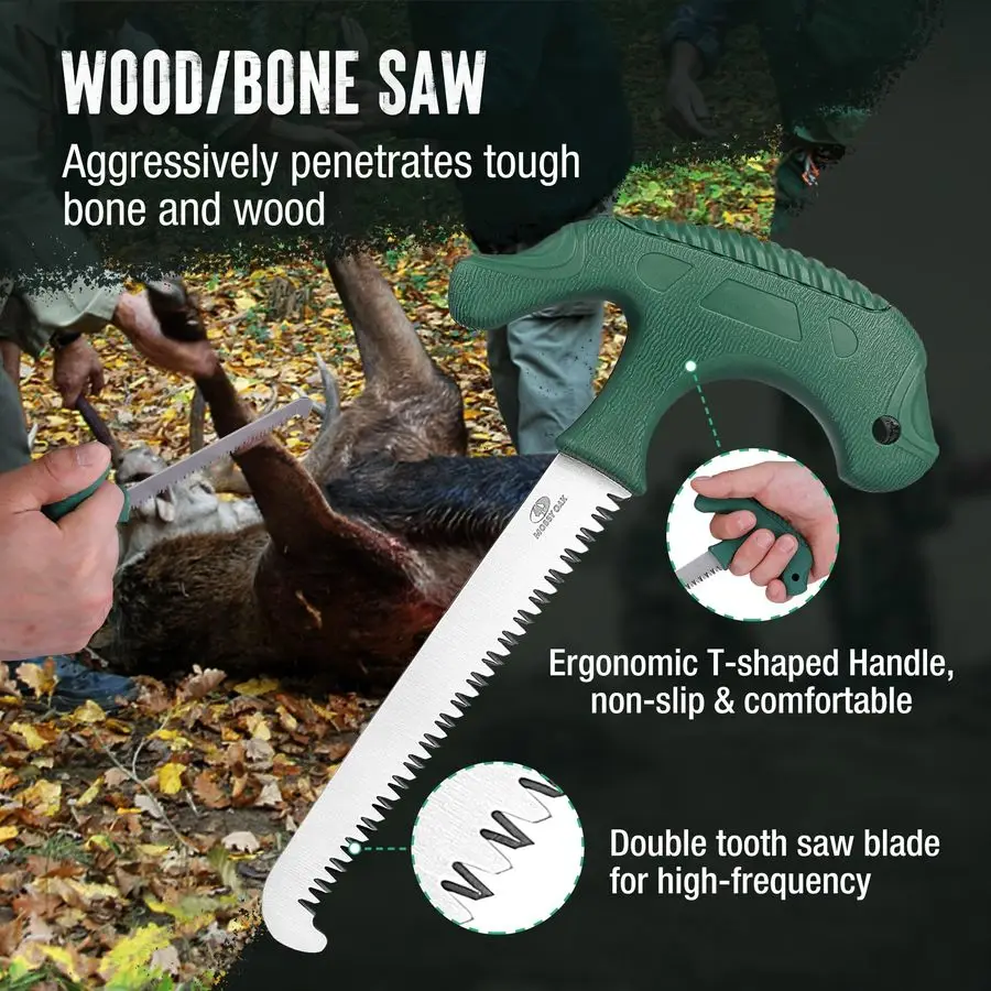 Field Dressing Kit, 4 Pcs Hunting Knife Set with Portable Sheath, GutHook Skinner, Caping Knife, Wood Bone Saw, Knife Sharpener,