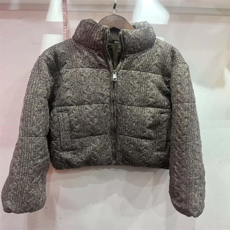 Women's Knitted Texture Stand Collar Zip Cropped Jacket Winter Warm Loose Casual Coat (Brown/Black/White)