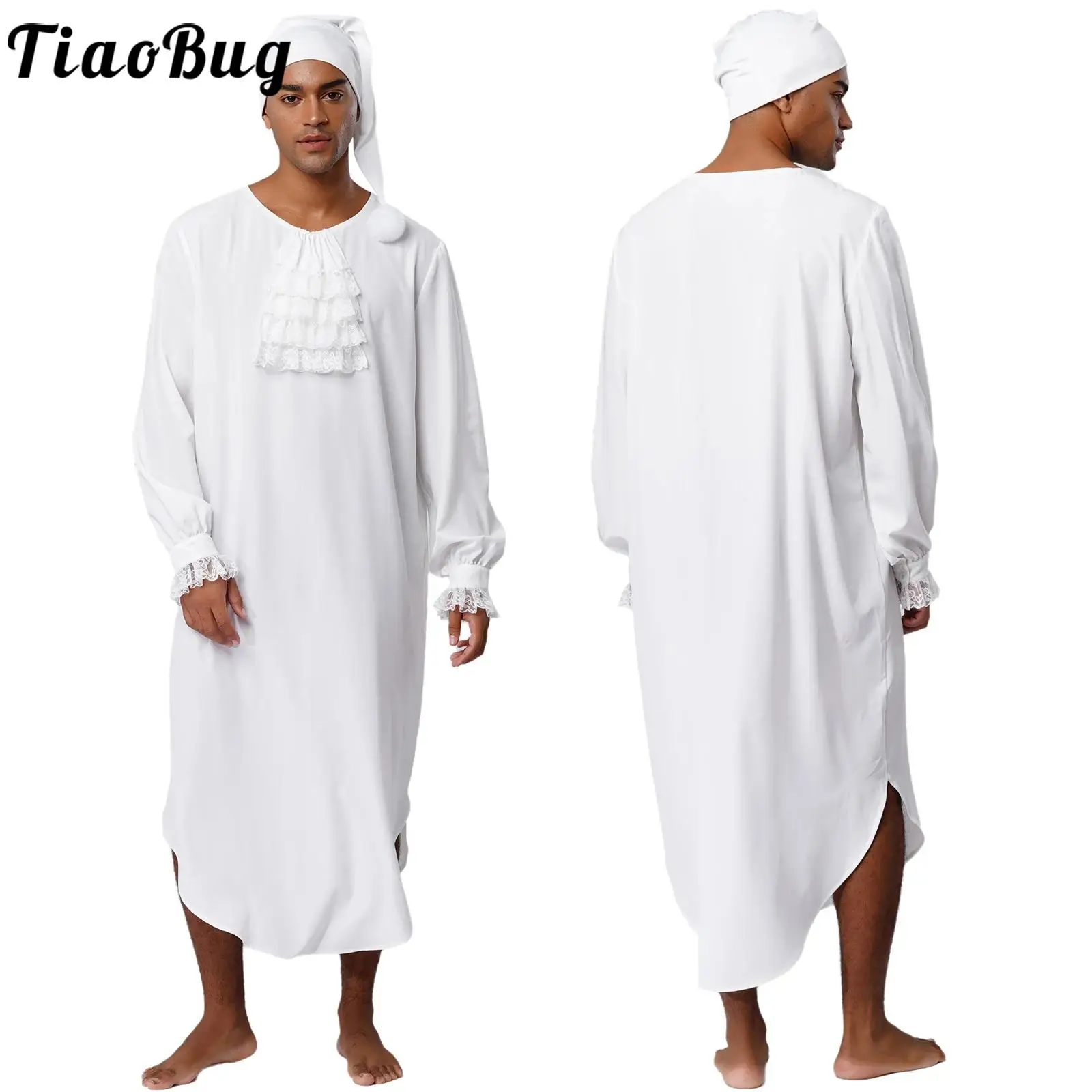 

Men's Victorian Stylish Nightgown Halloween Dubai Prince Role Play Lace Trim Ruffles Night-Robe Dress with Caps Nightwear Sets