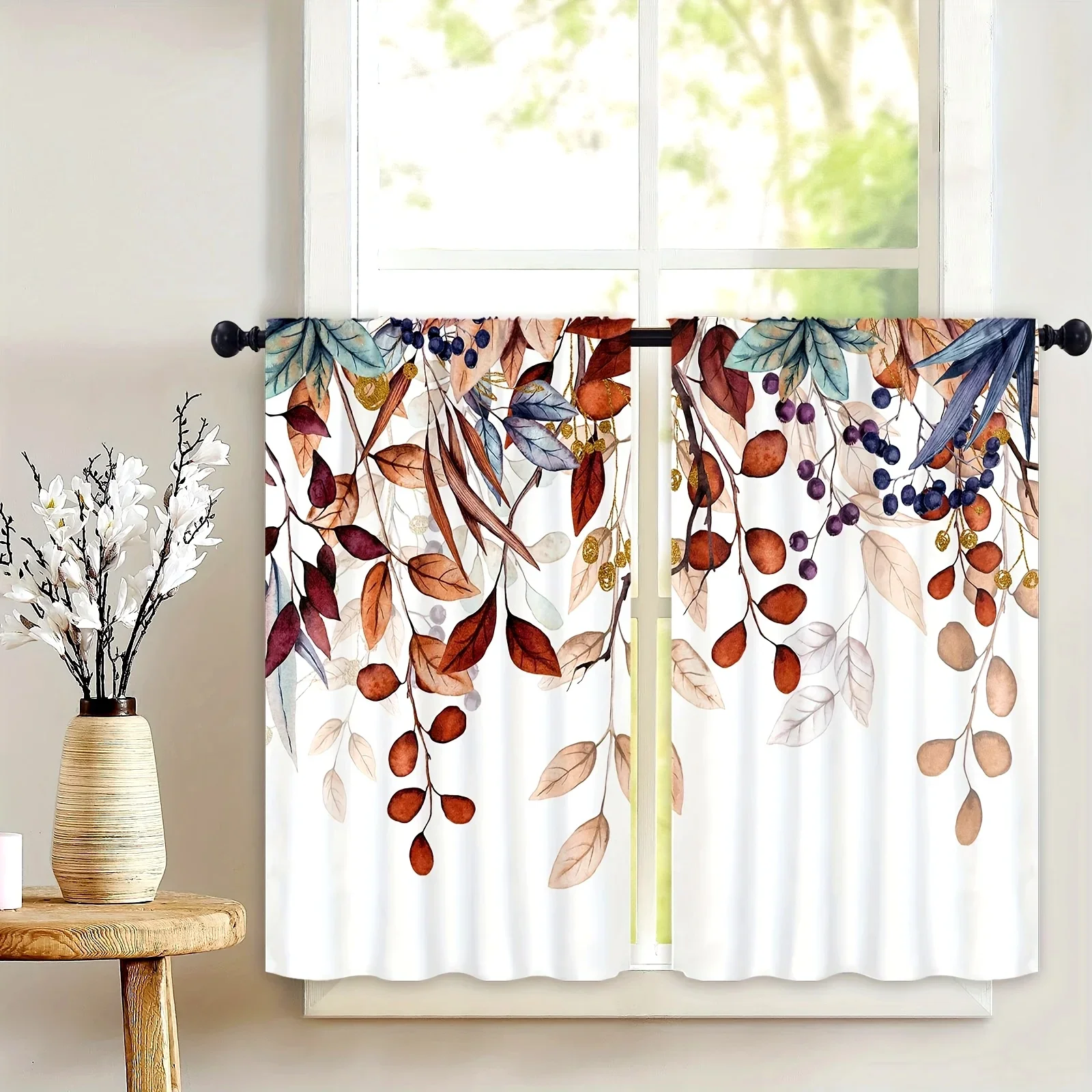 Semi-Sheer Kitchen Tiers with Rod Pocket, Vintage Leaf Pattern, Farmhouse Country, Orange Plant Design, Short Cafe Curtains