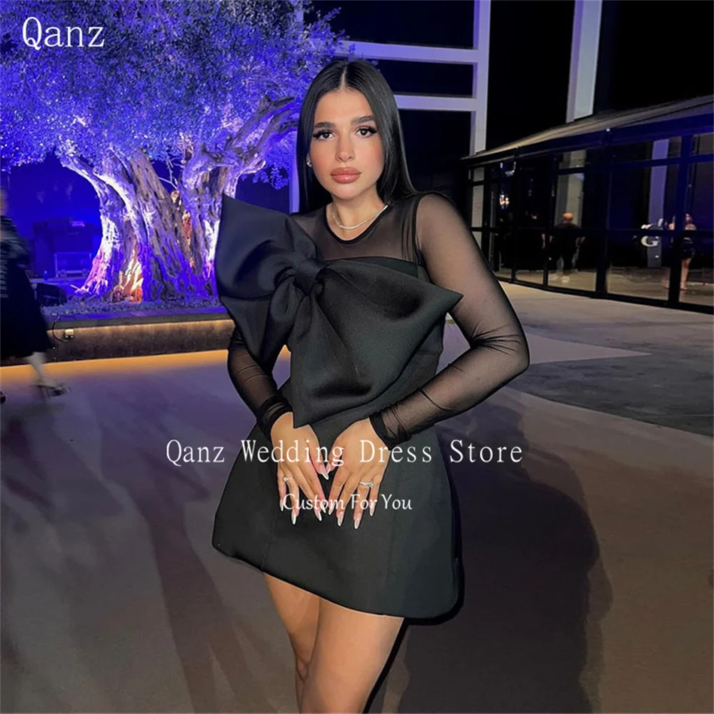 

Qanz Sexy Dress Party Night Long Sleeves Illusion O Neck Mini Dress Night Club Short Black Satin Bow Pageant Dresses Customized