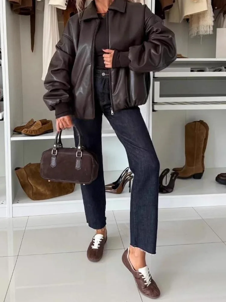 

Winter Fashion Zipper Cotton Loose Outercoat Autumn Elegant Lapel Collar PU leather Coats Casual Long Sleeve Solid Color Jacket