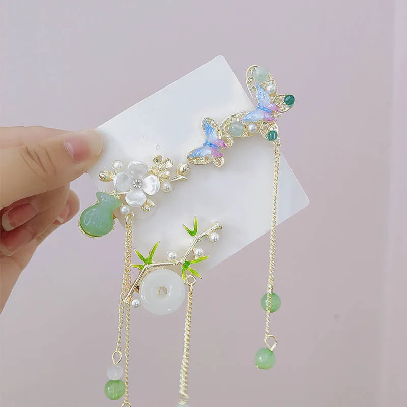 دبابيس شعر على شكل فراشة حلوة مجوفة للنساء، شرابات على الطراز القديم، معلقات السلام، دبابيس شعر على شكل أوراق الخيزران