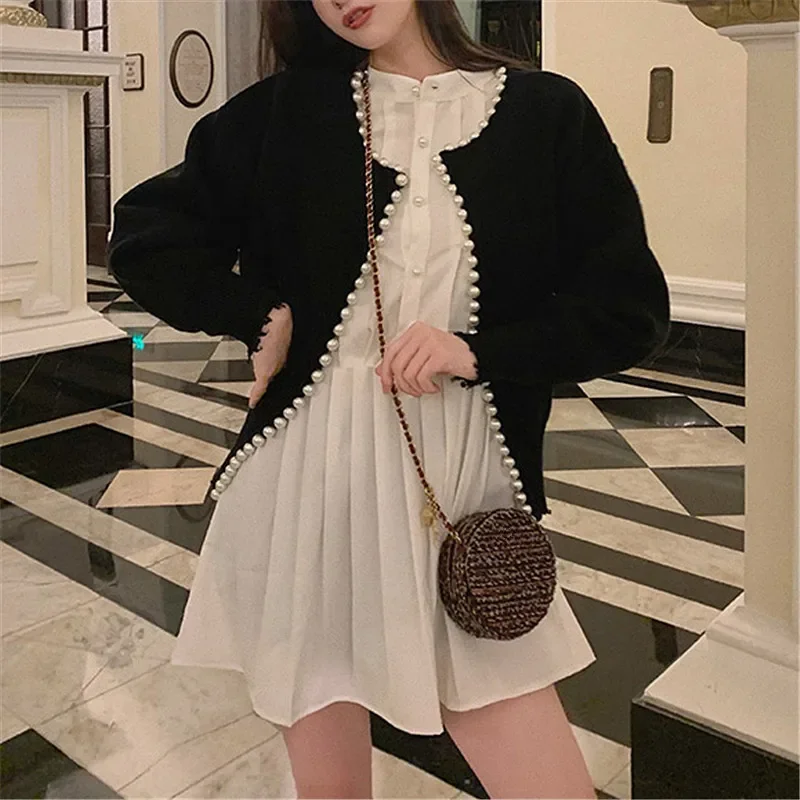 2024 Autumn New Casual Temperament Round Neck Pearl Edging Knitwear Short Long Sleeve Heavy Cardigan Sweater Fashion Coat Women