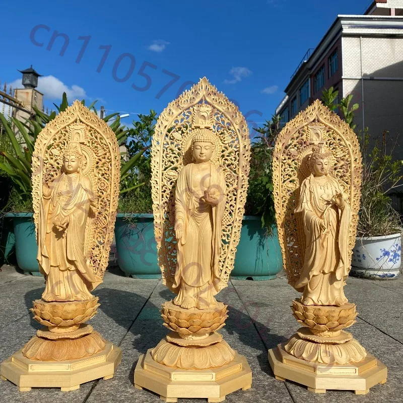 

Статуя Тройни (Тройница) из дерева хиноки ручной работы – 52 см: Амидха Будда, Авалокитешвара, Махастамапрапта – Буддийский декор для дома