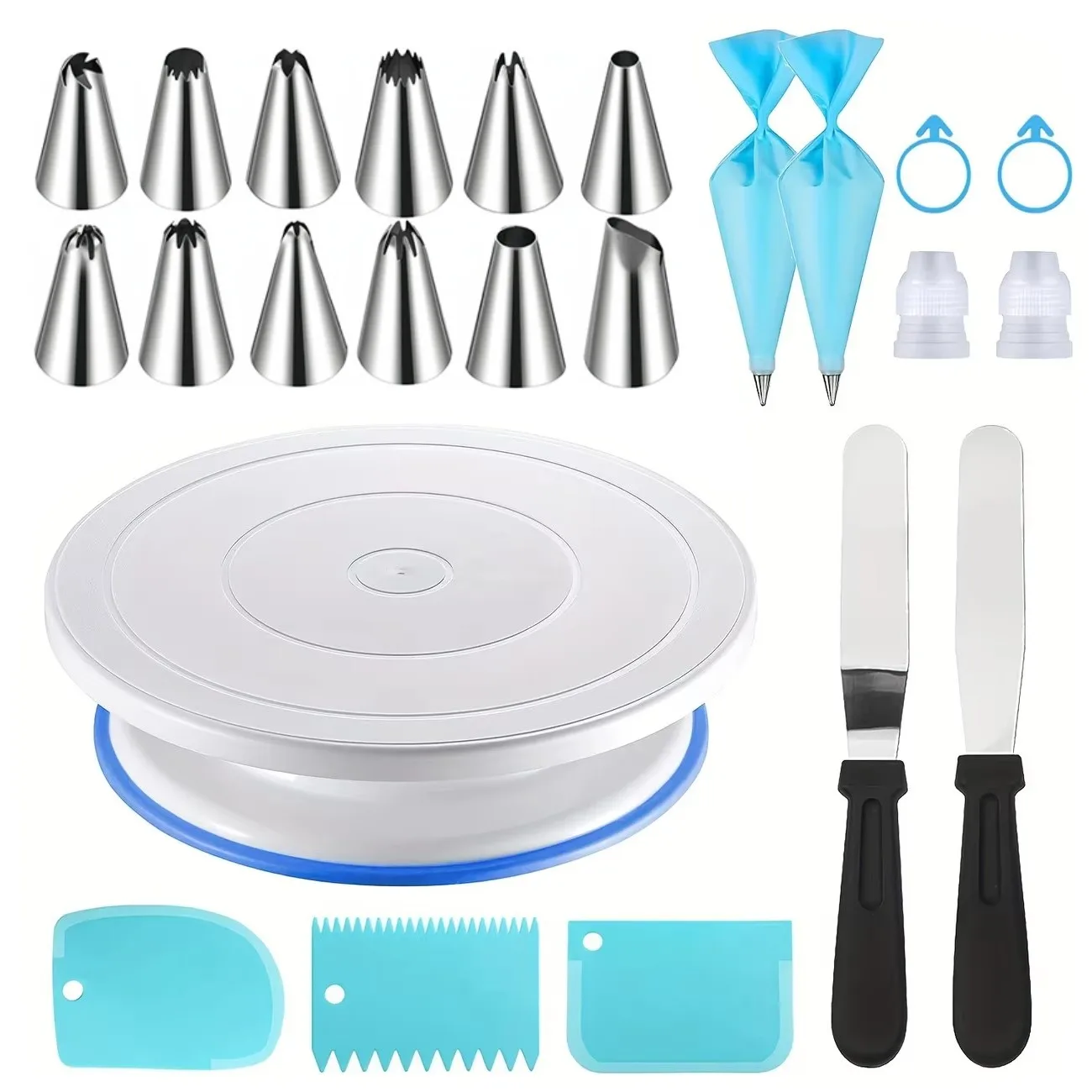 21PCS Cake Decorating Set-Non-Slip Turntable with 12 Piping Tips, Scrapers & Tools for Professional DIY Baking Tools Accessories