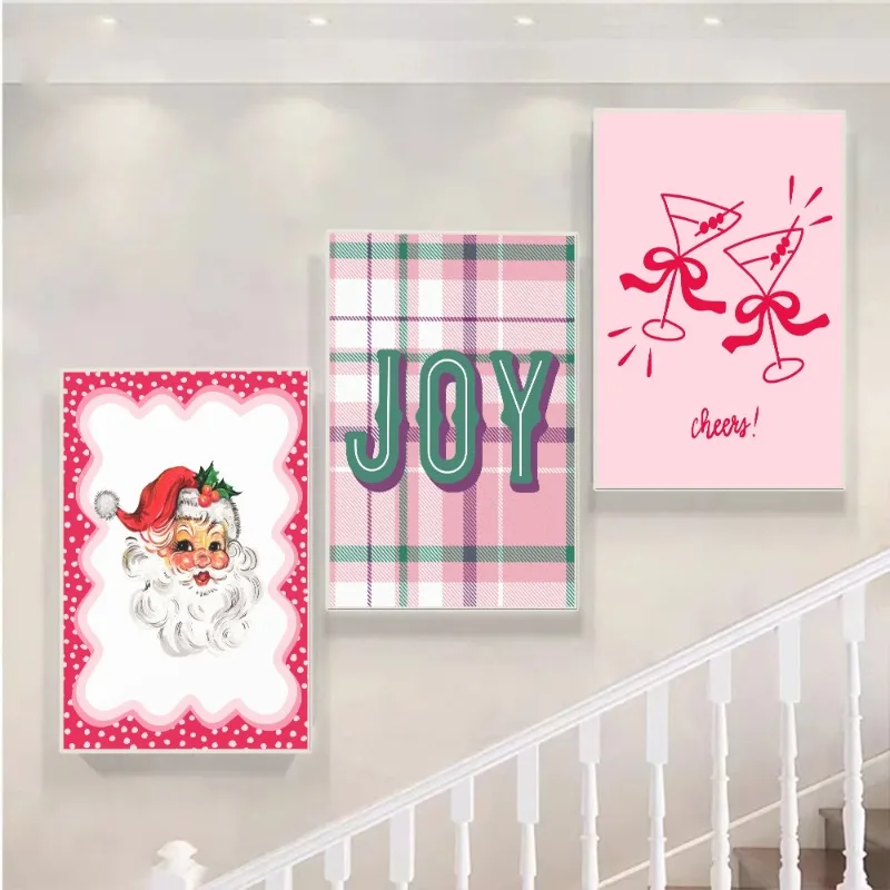 Modern Pink Christmas Poster Pastel Celebrate Christmas Santa Claus Canvas Painting Wall Art for Living Room Home Decor Mural