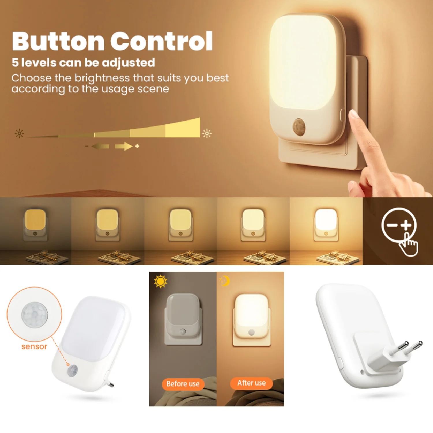 Veilleuse détecteur de mouvement LED lampe de nuit pour chambre Table de chevet enfants lampe à lueur douce avec prise ue