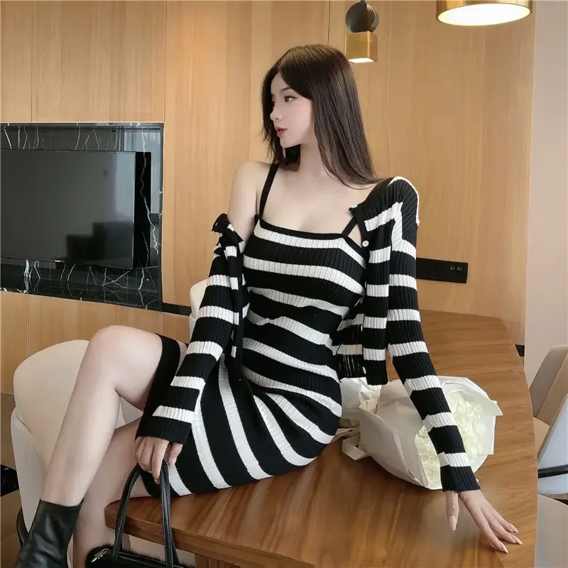 Dress Female Outfits Midi Long Sleeve Knit Crochet Women\'s Two Piece Set Sexy Commuting Night Club New in Matching Sets Jacket