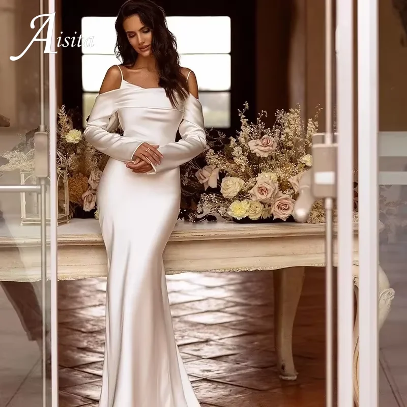 Customized Simple Mermaid Satin Wedding Dress Straps Long Sleeves Off The Shoulder Bridal Bride Sweep Train Vestido De Novia