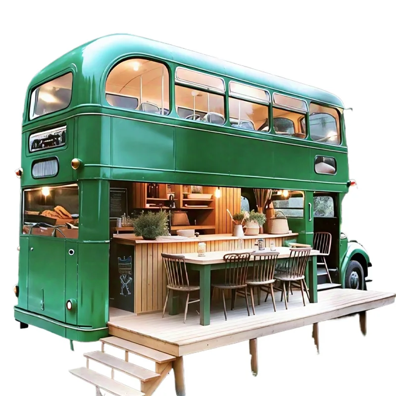 【New Design】Pink Wrought Iron Double Decker Bus Cart, Mobile Milk Tea Coffee Stall For Night Market Attraction view 5