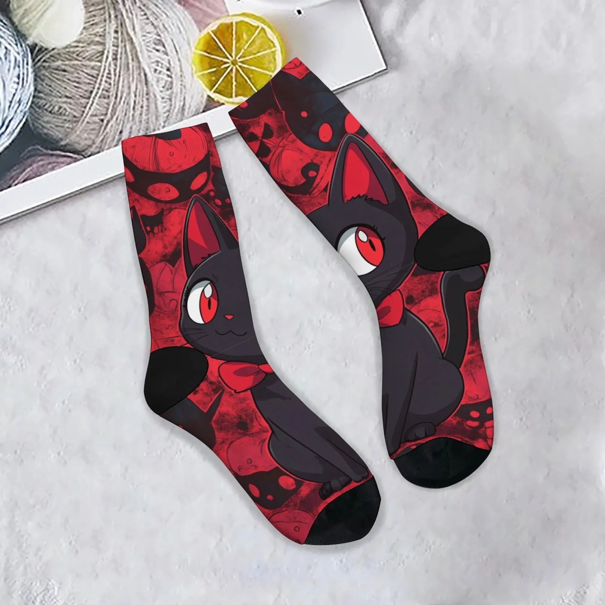 Calcetines góticos con estampado de gato negro para hombre, calcetines informales cómodos para uso diario y amantes de los gatos, patrón único de fantasía de arte oscuro