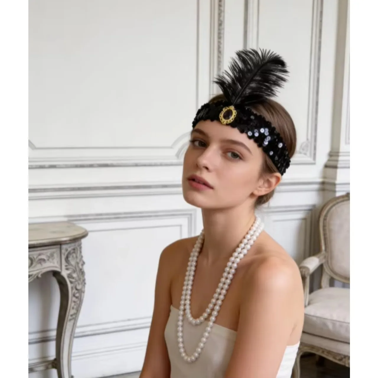 PESENAR  1920s Flapper Costume Accessory Set with Feather Headband, Pearl Necklace and Cigarette Holder