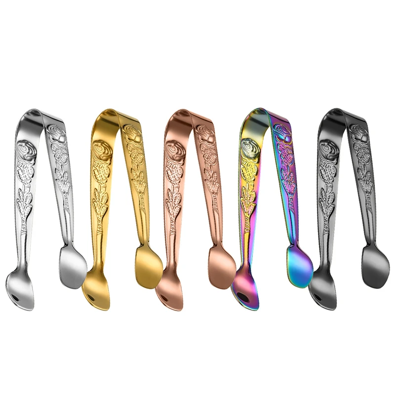 Stainless Steel Bar Small Ice Cube Clips Bread Pastry Food Tongs Rose Pattern Mini Sugar Clip BBQ Grill Clamp Kitchen Utensils