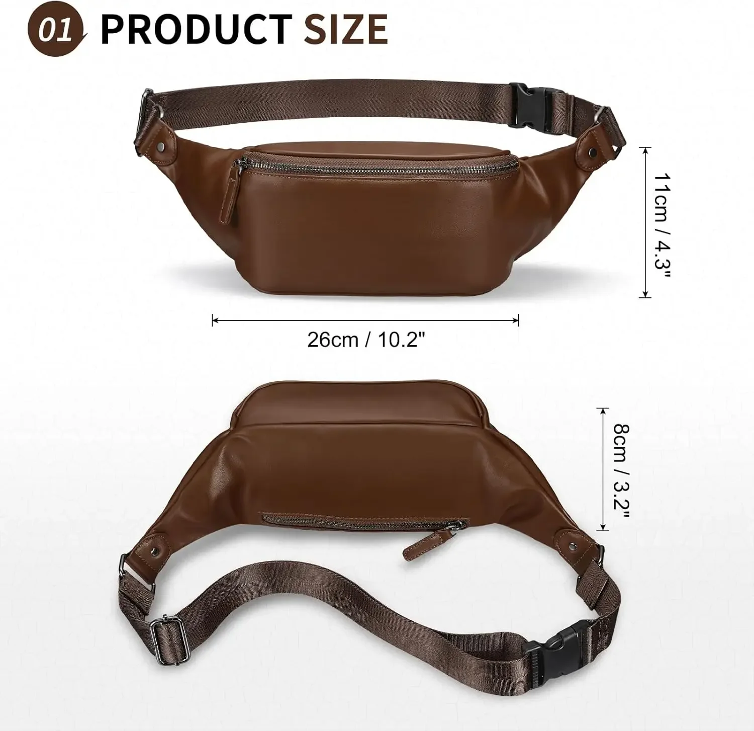 Picture 4: Soft Leather Fanny Pack for Women & Men, Crossbody Waist Pack with Adjustable Strap, Large Pocket, Sturdy Zippers, for Travel, H