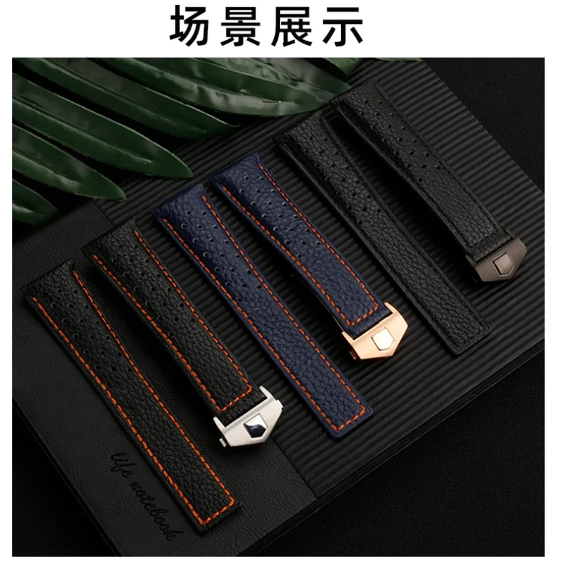 حزام ساعة من الجلد قابل للتنفس مع مشبك قابل للطي ، حزام من جلد البقر مطبوع ليتشي ، سوار رجالي ، علامة لـ Heuer ، MONACO ، CARRERA CAW211R/P ، 22