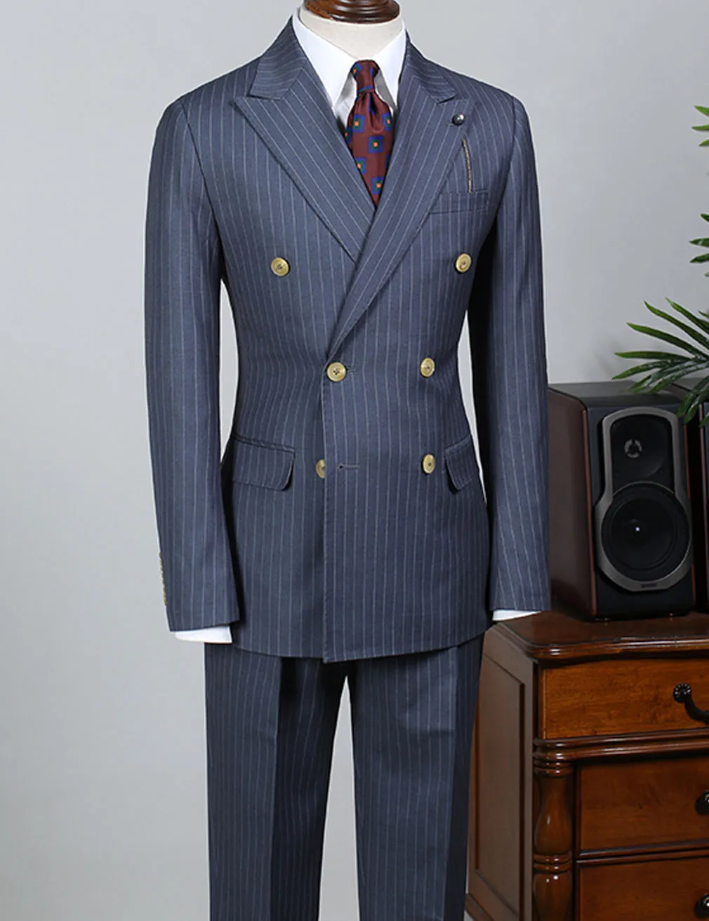 Classic Navy Striped Men's Suit 2 Piece Set  Slim Fit Double Breasted Formal Jacket With Micro Elasticity Business Casual Pants