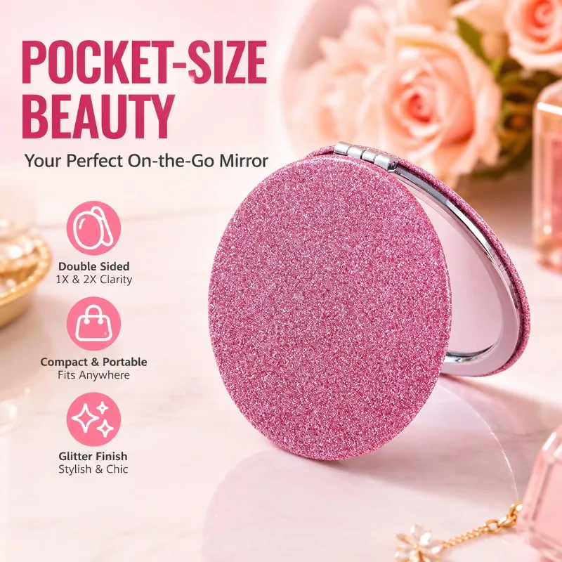 Glitter Round Folding Makeup Mirror, Portable Double Sided Pocket Mirror, Mini Compact Vanity Mirror with 1x/2x Magnification