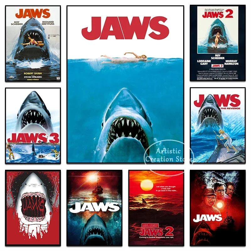 JAWS Shark Horror Movie Posters Classic American Thriller Film Prints Canvas Painting Wall Pictures Cinema Bedroom Home Decor