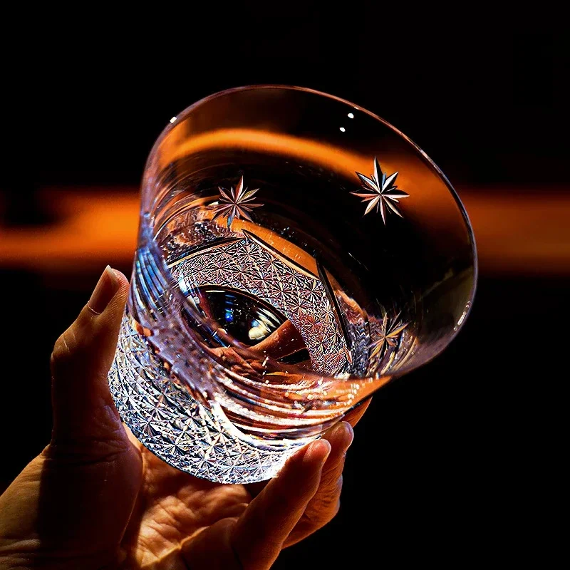 Hand Cut Single Whiskey Glass With Wood Box Japanese Edo Kiriko Crystal Glasses High-end Gift Mount Fuji Rock Tumbler Whisky Cup