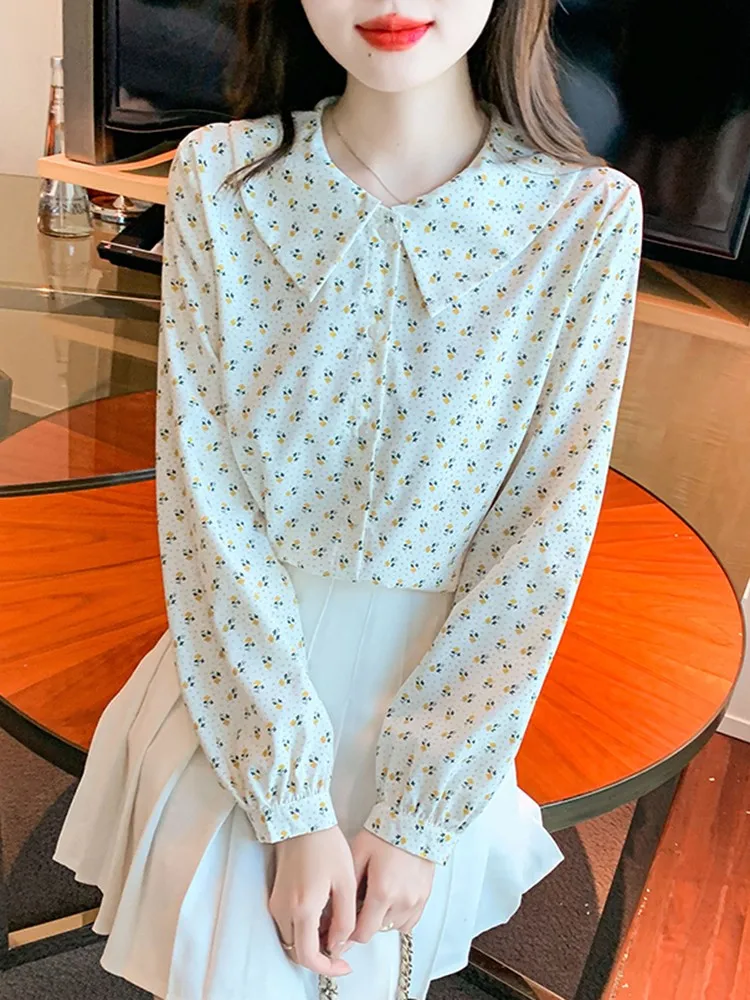 

Women Long Sleeve Chiffon Shirt New 2023 Autumn Korean Style Peter Pan Collar Floral Pattern Ladies Elegant Tops Shirts W1394