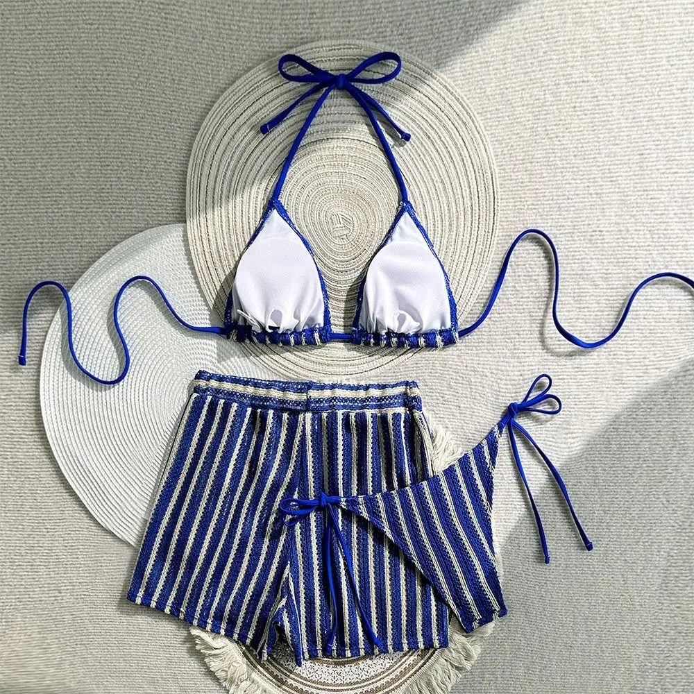 Fashion Vintage Women Swimsuit knitted Tie Details Bikini Set 3-Piece Set Striped Beach Bikini Beach Vacations