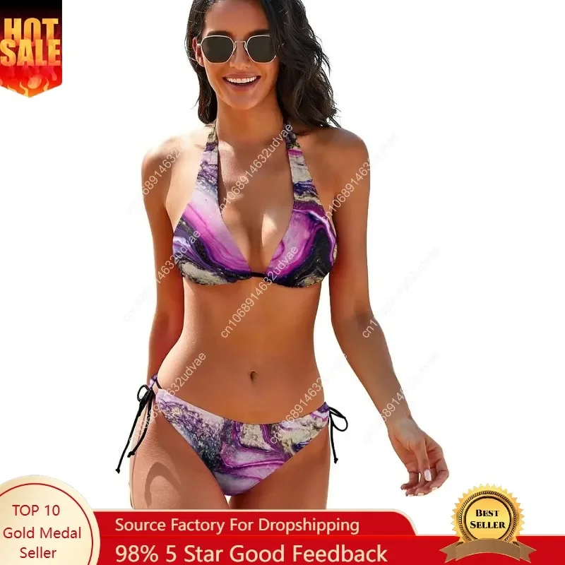 Tie Side Bottom Halter Padded Top Bikini Sets Marble Print Triangle Swimsuit for Women