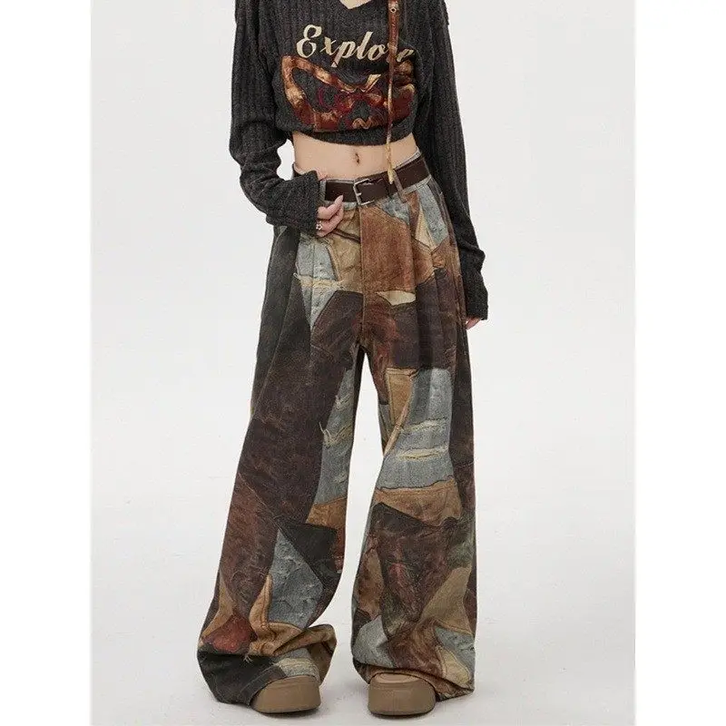 

Vintage Heavy Duty Straight Leg Denim Jeans Women Loose American Style Wide Leg Pants Floor Length Pants Casual High Waist