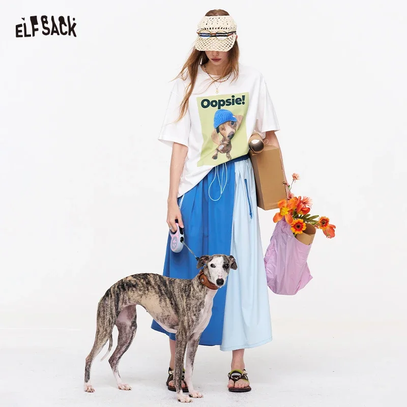 ELFSACK  Color Block Wide Leg Pants with Drawstring Waist, Asymmetric A-Line Trousers with Contrast Zipper, Casual Street