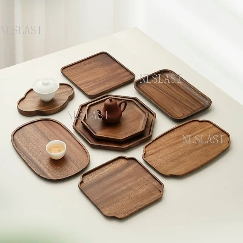 Multi Shape Natural Walnut Wood Tea Tray Irregular Octagon Rectangle Floral Outline Wooden Plate For Teacup Snack Fruit Coffee