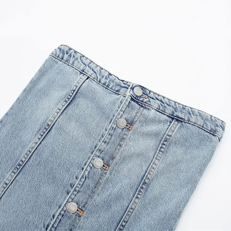 Frauen Denim Overall sexy ärmellose schulter freie Jeans anzüge Knopf dekoration gerade volle hohe Taille breites Bein Spiel anzüge