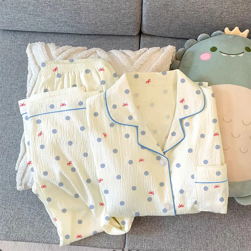 French-Style Fashion Ins-Inspired Spring And Autumn Wrinkled Fabric Pajamas, Girls' Long-Sleeve Comfortable Cardigan Home Set