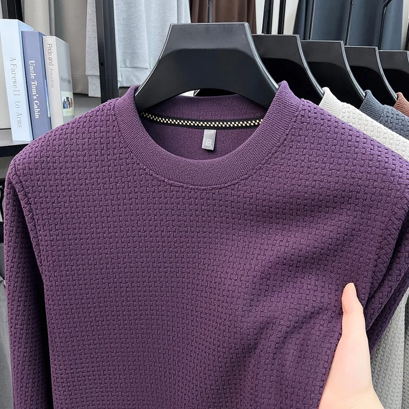 Herren-Sweatshirt mit Rundhalsausschnitt, Waffelstruktur, langen Ärmeln, einfarbig, lockerer Schnitt, lässig, für den täglichen Gebrauch, ein Basic-Oberteil für Herbst und Winter. – Detail 6