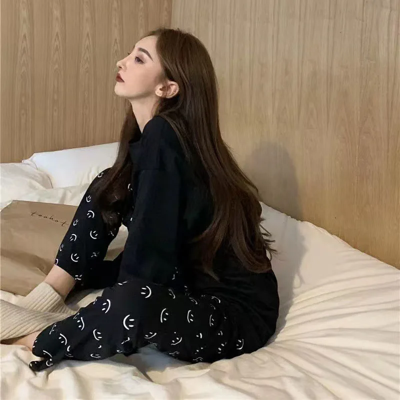 Autumn and Winter Pajamas Female Two-Piece Suit Long-Sleeved Smiley Students 2024 New Homewear