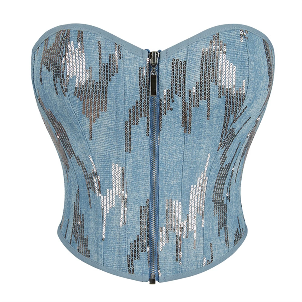 Fashion Short Style Overbust Corset Crop Tops Sky Blue Zipper with Silver Sequins Corsets Women's Gothic Backless Bustier Top