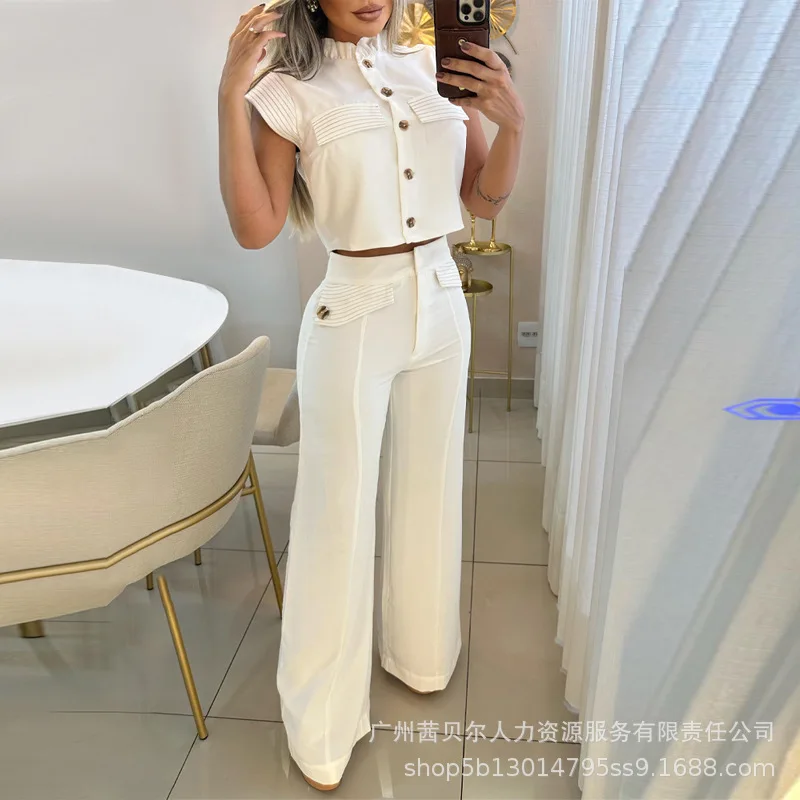 2024 Spring Summer New Solid Two-Piece Suit Women Stand Collar Sleeveless Single-Brewed Top High Waist Wide Leg Trousers Suit