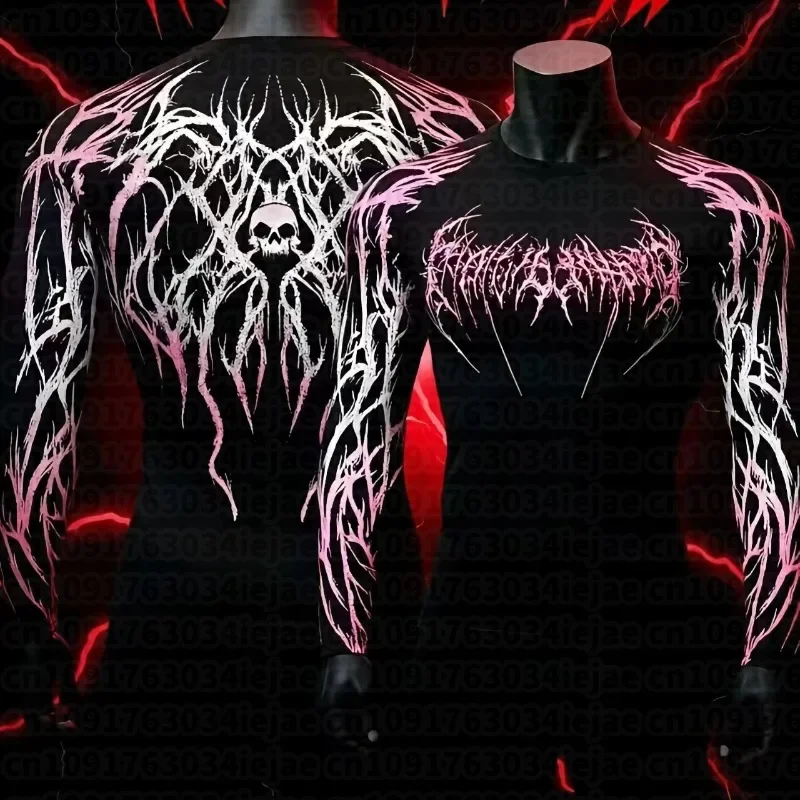Men's black metal Gothic skull long sleeved thorny print BJJ MMA fitness exercise quick drying top
