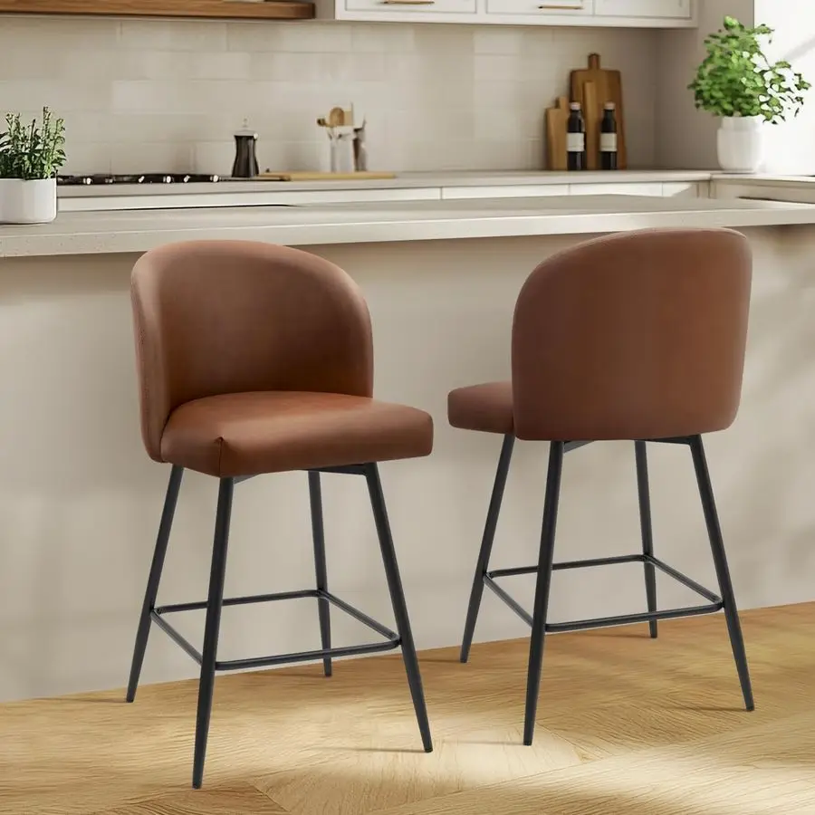 

Height Bar Stools Set of 2, 360 Swivel Upholstered Barstools with Backs and Metal Legs, 26 H Seat Height, Faux Leather in Walnut